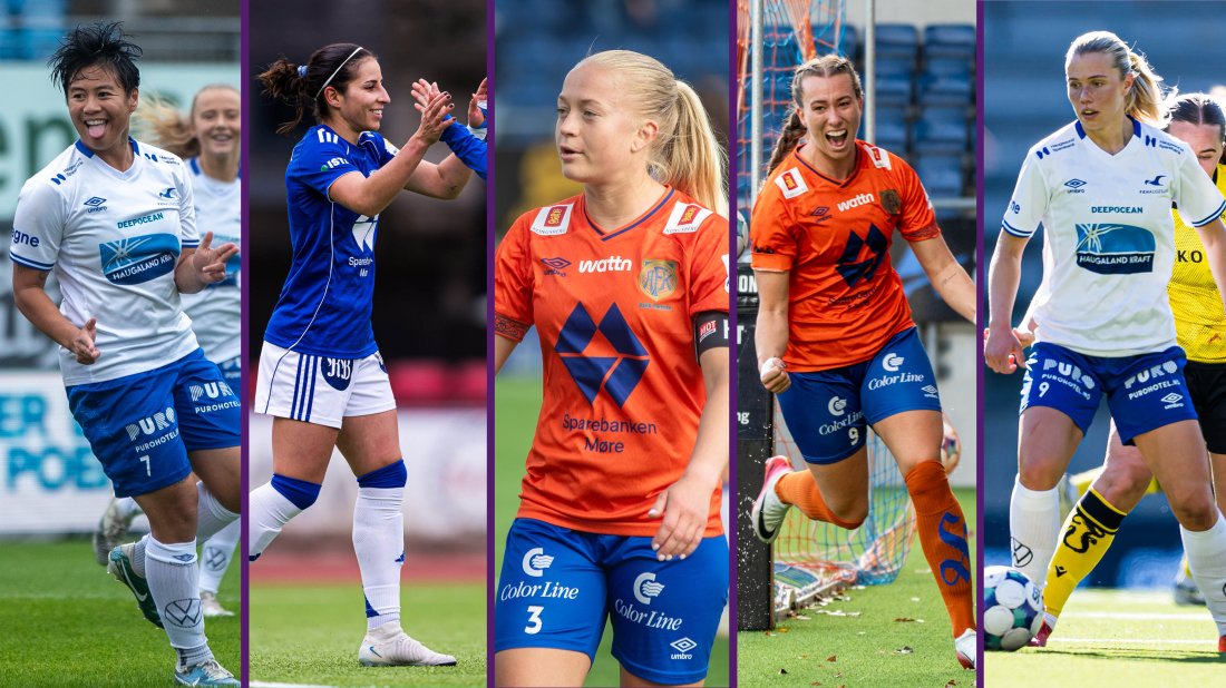 De nominerte til prisen årets spiller i 1. divisjon 2025: Fra venstre ser vi bilder av Meryll Abrahamsen, Chiara Messerli, Mette Muri, Katarina Sunde og Kristina Svandal